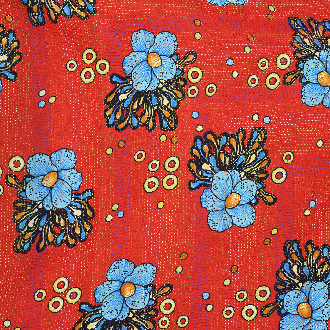 Floral Design Detail From Vintage Red & Floral Kantha Throw | Indigo Antiques