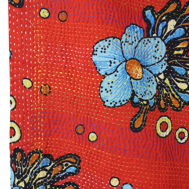 Detail From Vintage Red & Floral Kantha Throw | Indigo Antiques