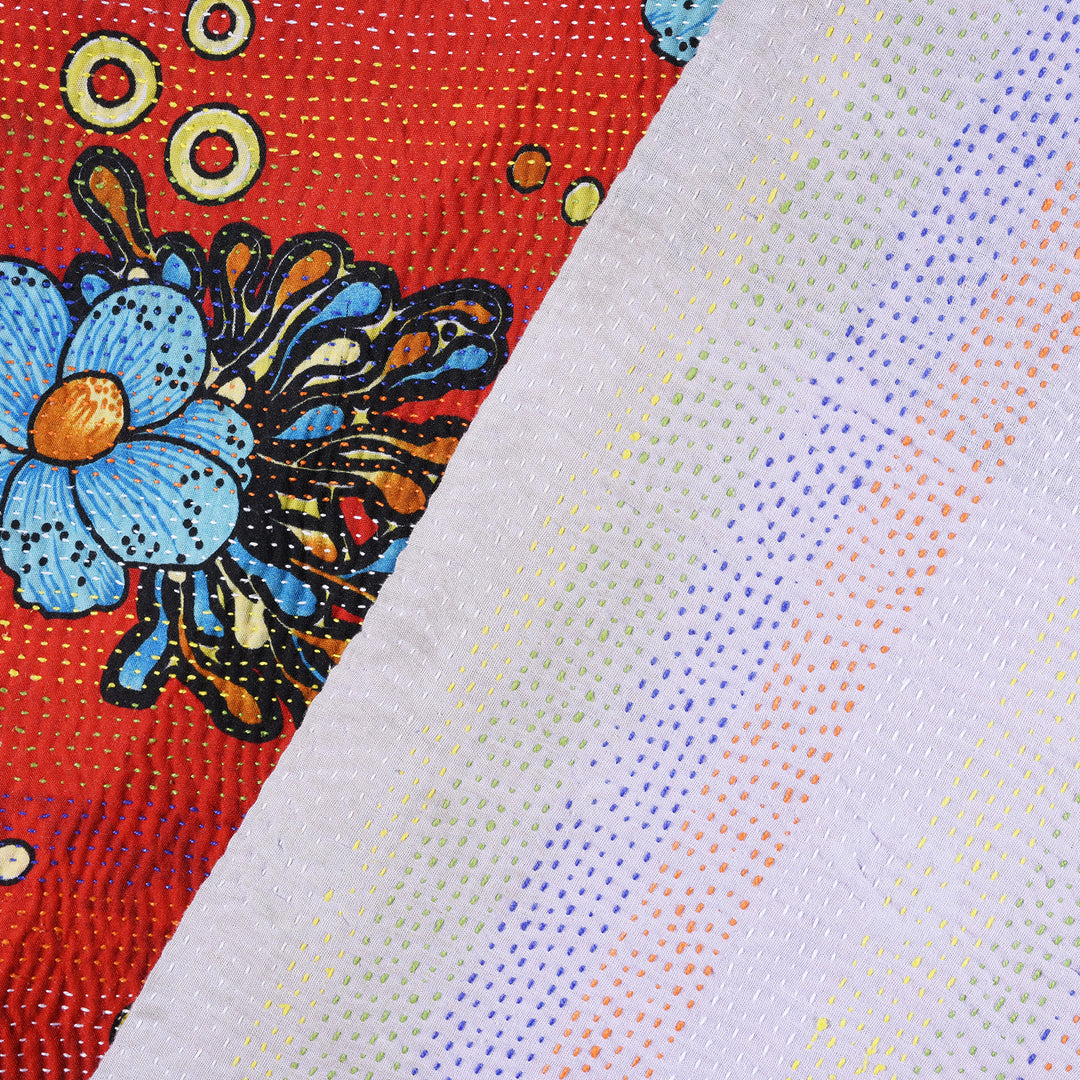 Detail From Back Of Vintage Red & Floral Kantha Throw | Indigo Antiques