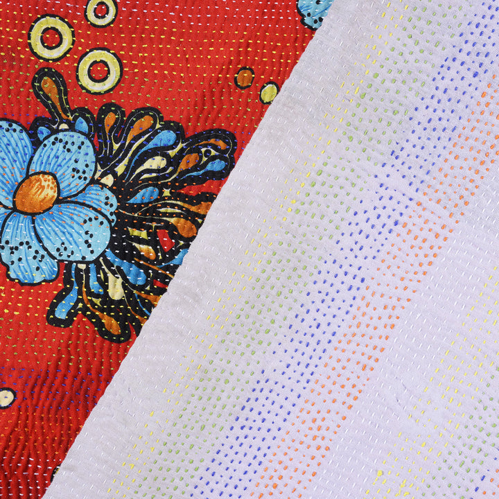 Detail From Back Of Vintage Red & Floral Kantha Throw | Indigo Antiques
