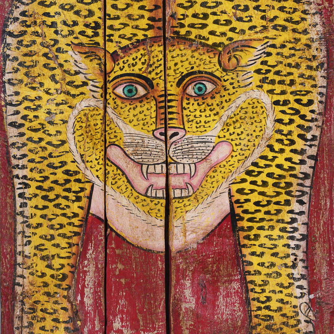 Face Detail From Vintage Painted Leopard Panel From Madhya Pradesh | INDIGO ANTIQUES