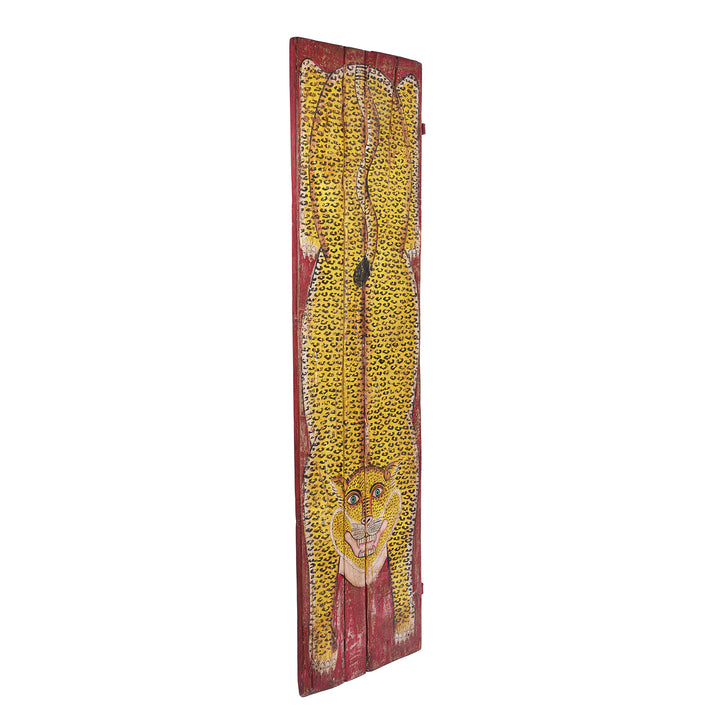 Angled VIew Of Vintage Painted Leopard Panel From Madhya Pradesh | INDIGO ANTIQUES