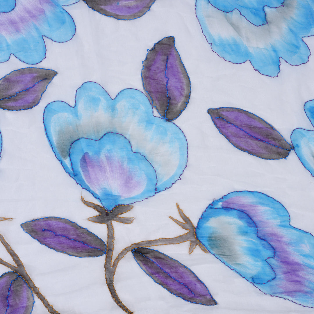 Detail From Hand Painted Embroidered Floral Shawl - Aqua/White field | Indigo Antiques