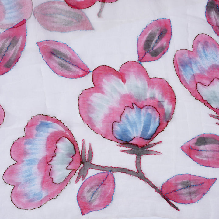Hand Painted Embroidered Floral Shawl - Pink/ White | Indigo Antiques