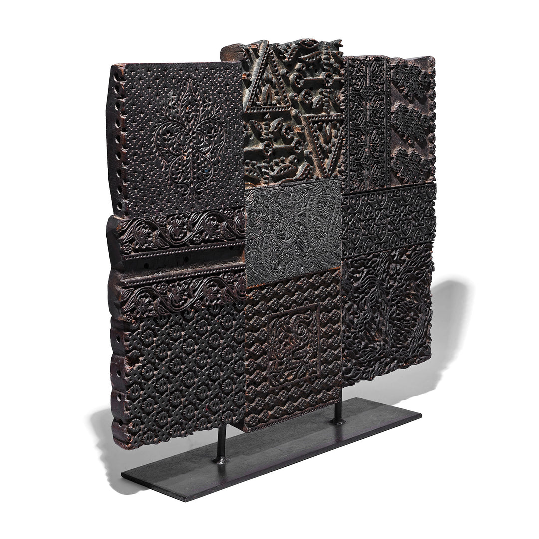 Angled View Of Option 1 Old Textile Printing Blocks - On a Stand | INDIGO ANTIQUES