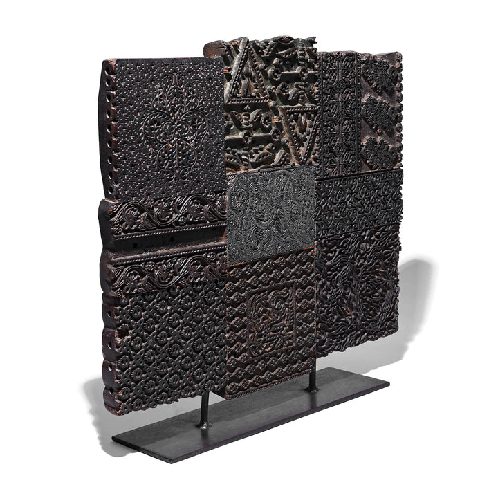Angled View Of Option 1 Old Textile Printing Blocks - On a Stand | INDIGO ANTIQUES