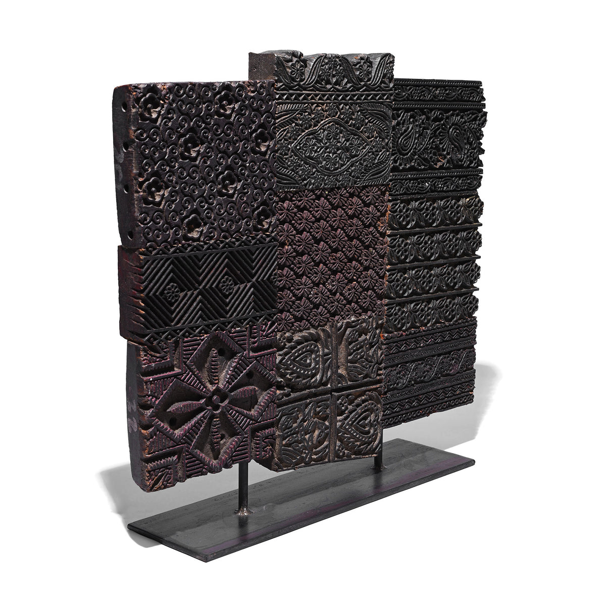 Angled View Of Option 2 Old Textile Printing Blocks - On a Stand | INDIGO ANTIQUES