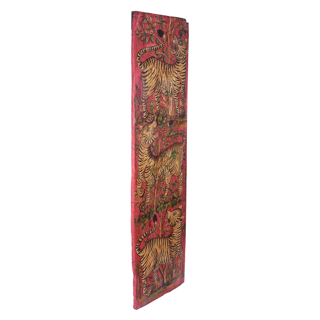 Angled View Of Painted Indian Tiger Panel | Indigo Antiques