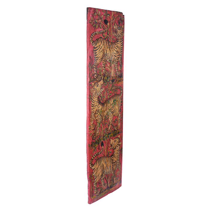 Angled View Of Painted Indian Tiger Panel | Indigo Antiques