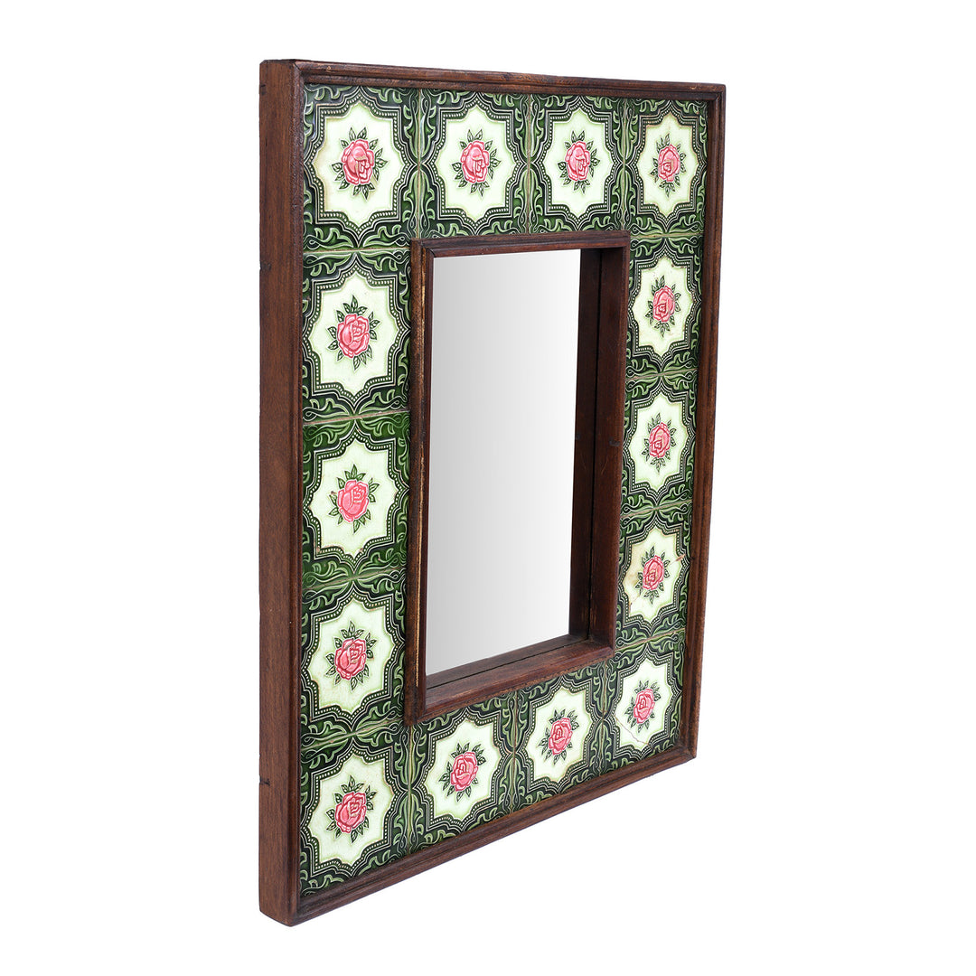 Angled View Of Peranakan Ceramic Tile Mirror from India | Indigo Antiques