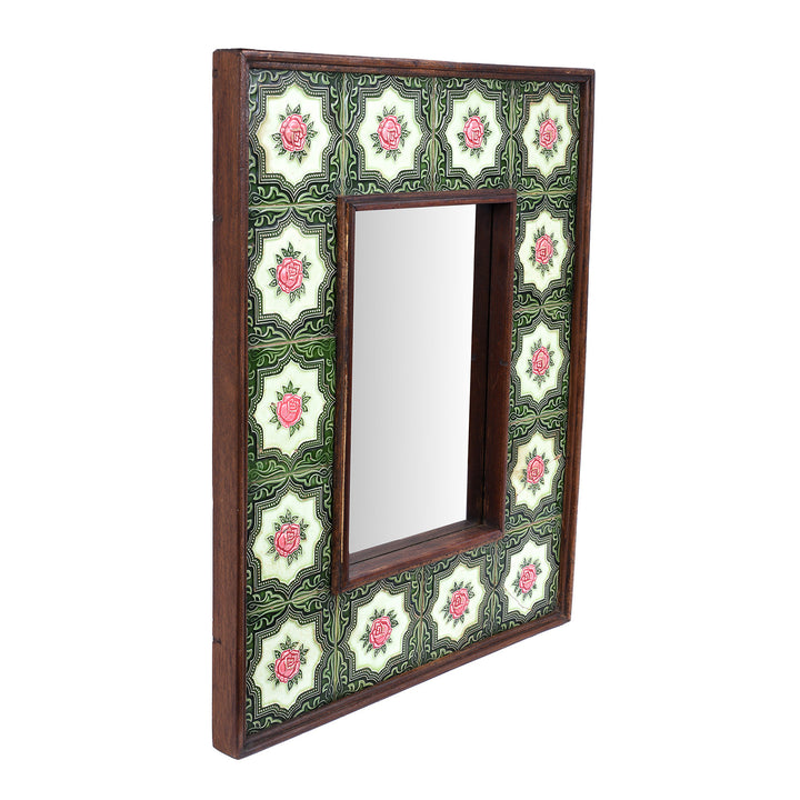 Angled View Of Peranakan Ceramic Tile Mirror from India | Indigo Antiques