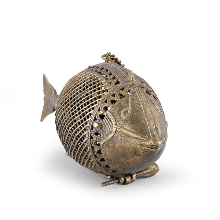 Angled VIew Of Antique Indian Dhokra Fish Money Box | Indigo Antiques