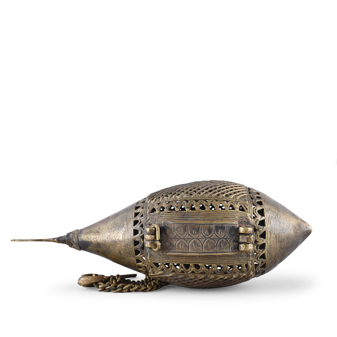 Underside Of Antique Indian Dhokra Fish Money Box | Indigo Antiques