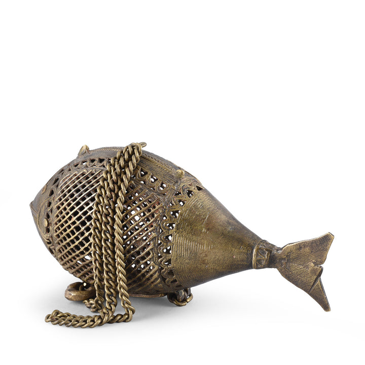 Rear View Of Antique Indian Dhokra Fish Money Box | Indigo Antiques