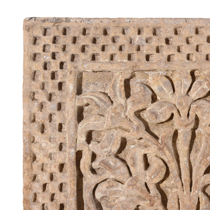 Corner Detail With Carving From Carved Mughal Stone Panel From Rajasthan | Indigo Antiques