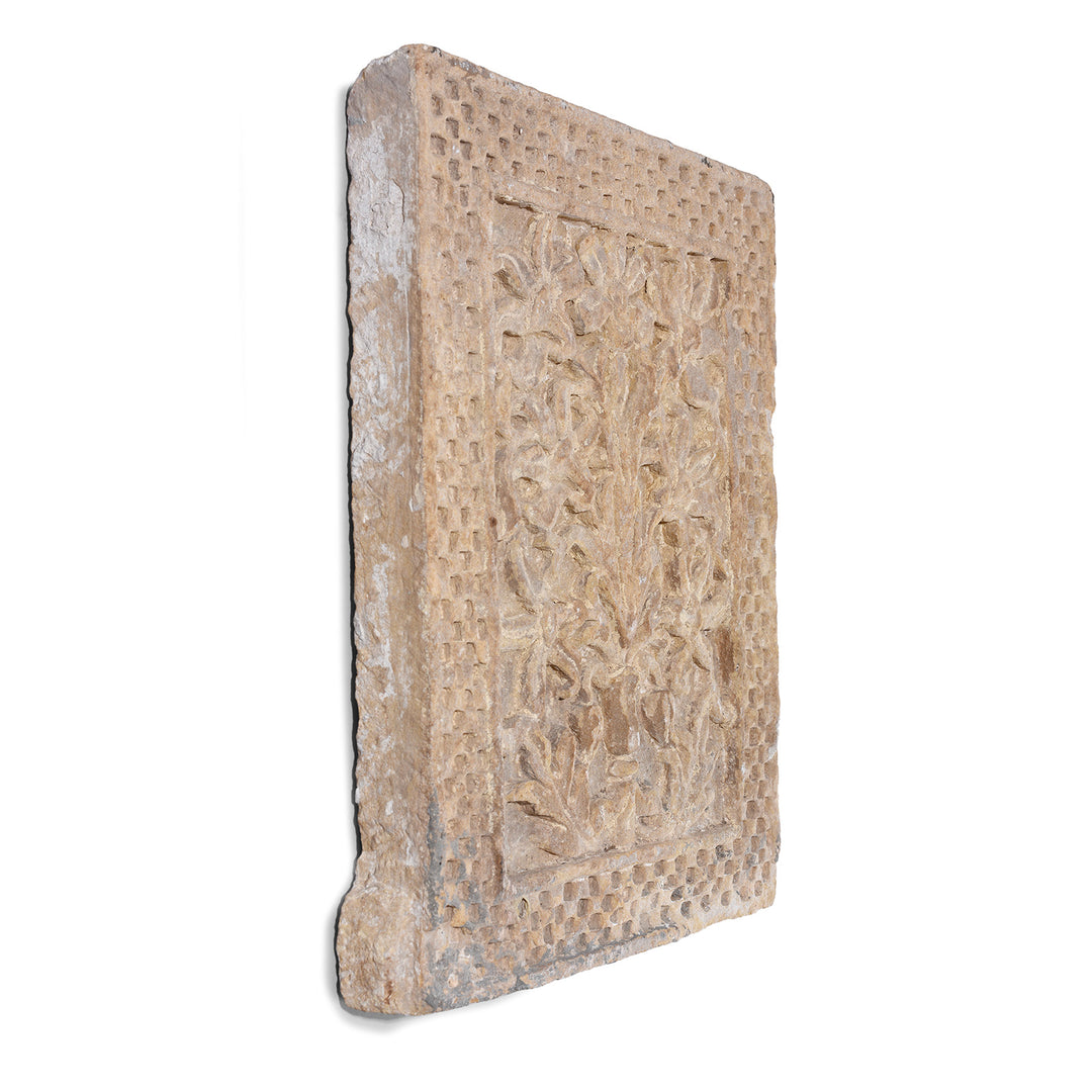 Angled VIew Of Carved Mughal Stone Panel From Rajasthan | Indigo Antiques