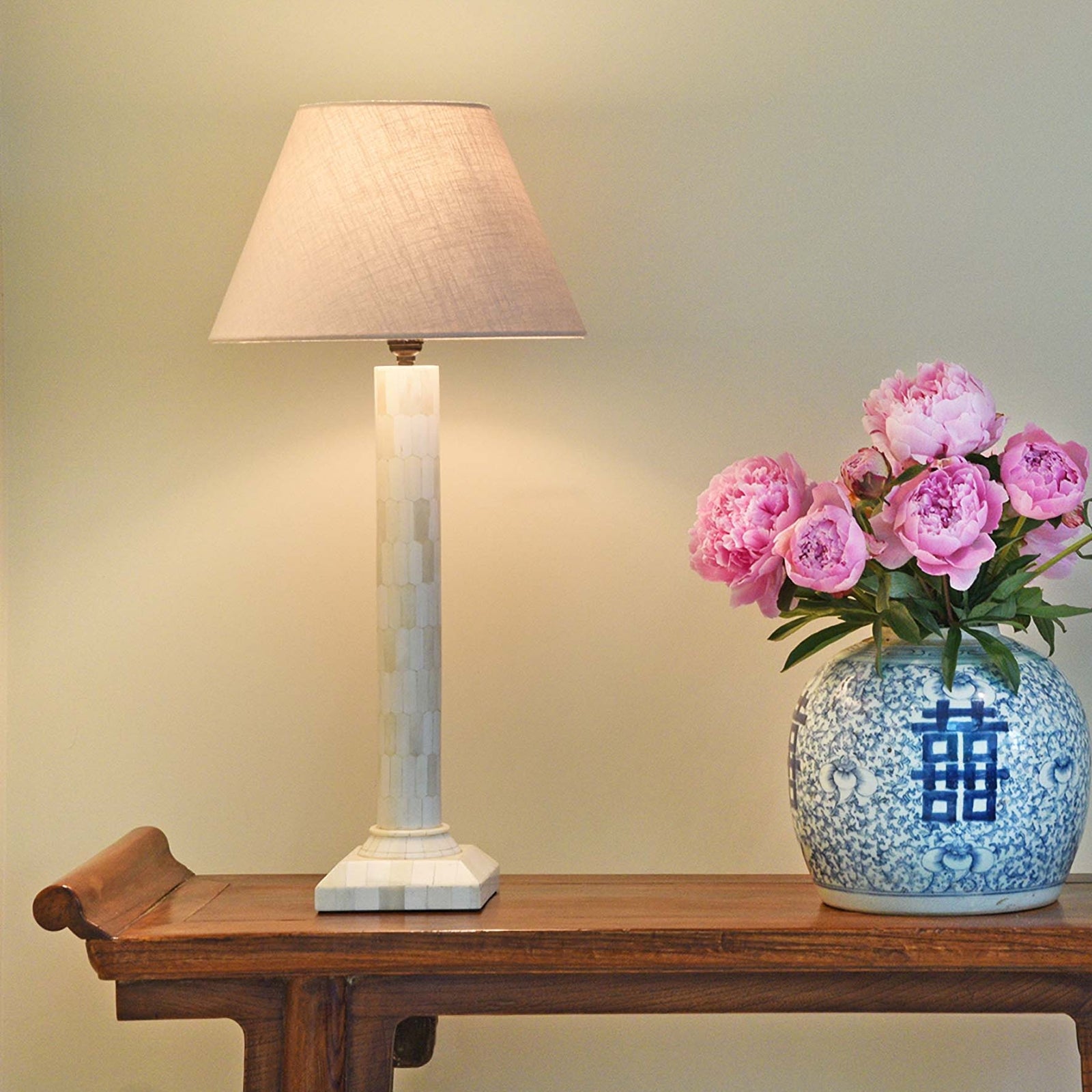 Regency Style Bone Inlay Pillar Table Lamp | Indigo Antiques