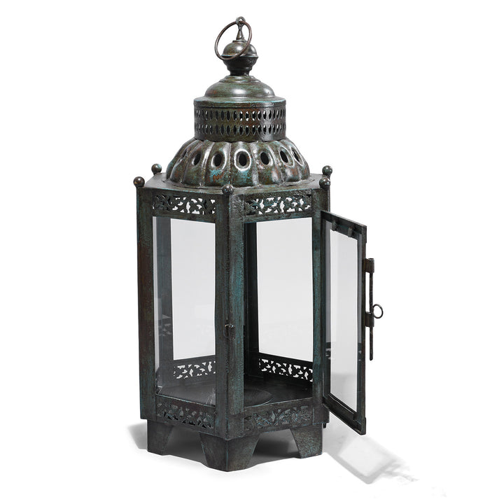 Open Door View Of Indian Glass Lantern, Green Distressed Paint | Indigo Antiques