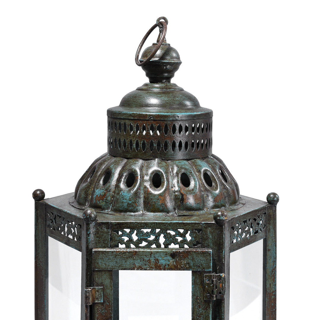 Detail From Indian Glass Lantern, Green Distressed Paint | Indigo Antiques