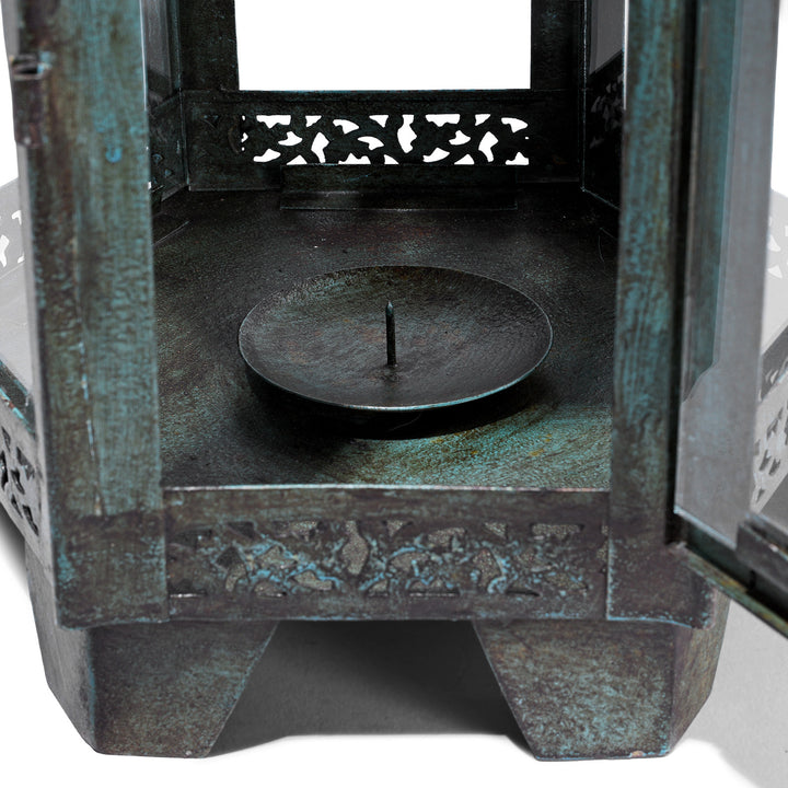 Interior Of Indian Glass Lantern, Green Distressed Paint | Indigo Antiques