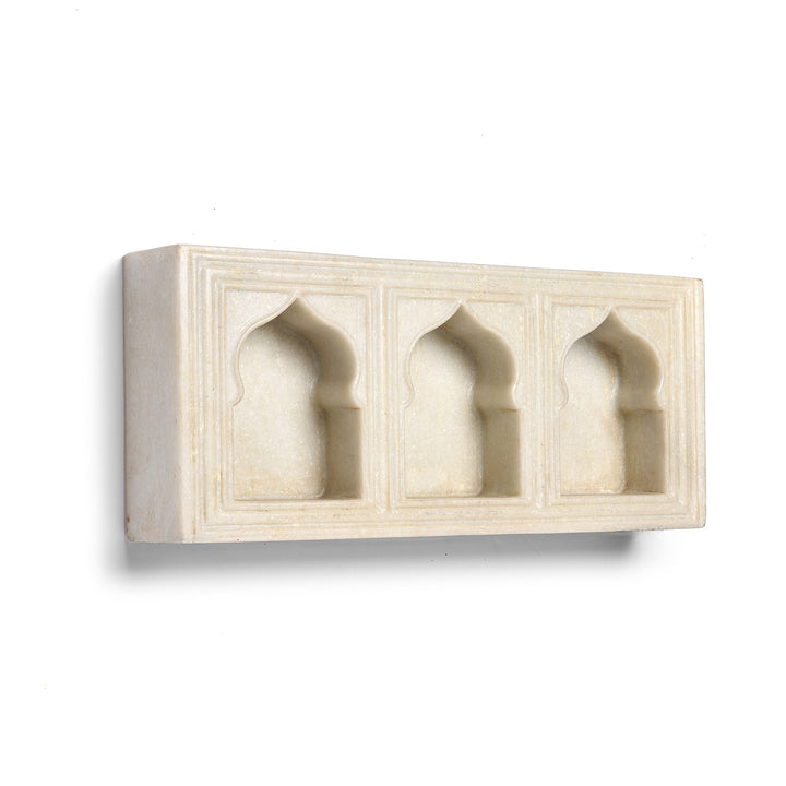 Angled View Of White Marble Lamp Niche (Triple) - Mughal Style | Indigo Antiques