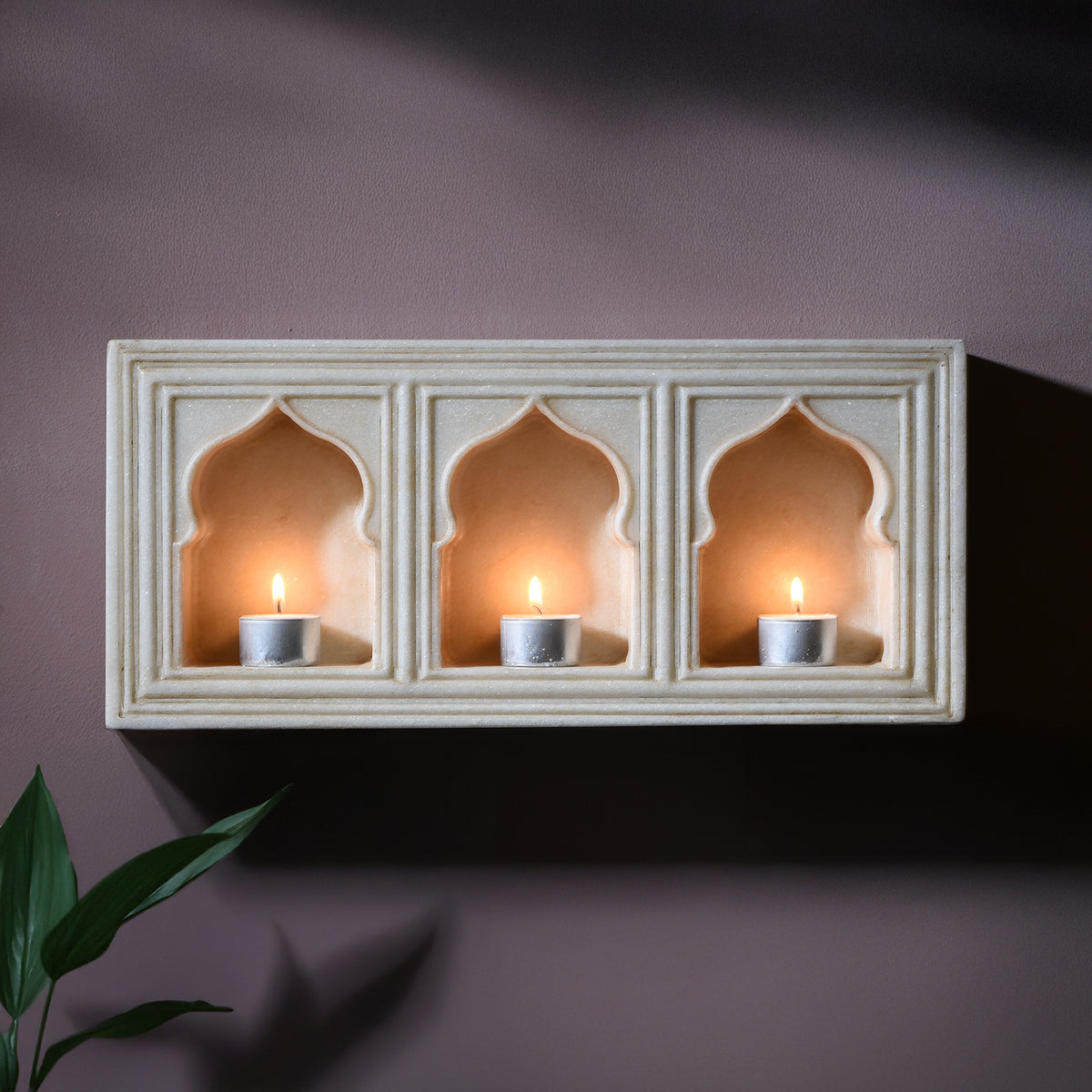 White Marble Lamp Niche (Triple) - Mughal Style | Indigo Antiques
