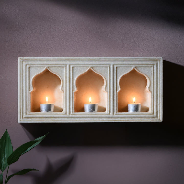 White Marble Lamp Niche (Triple) - Mughal Style | Indigo Antiques