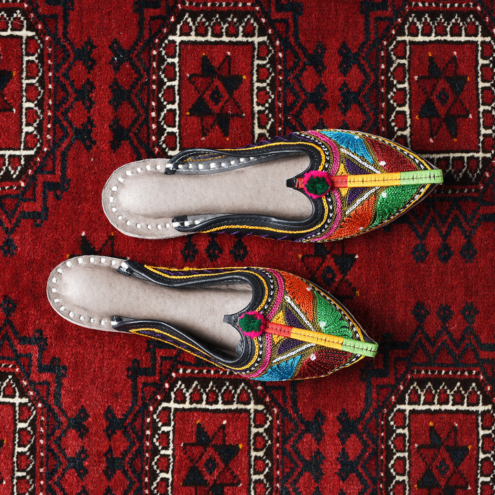 Handmade Indian Jutti Slippers. Colourful Embroidered Leather | Indigo Antiques