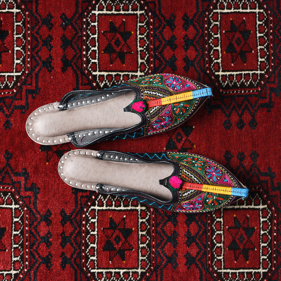 Handmade Indian Jutti Slippers. Multicoloured Embroidered Leather | Indigo Antiques