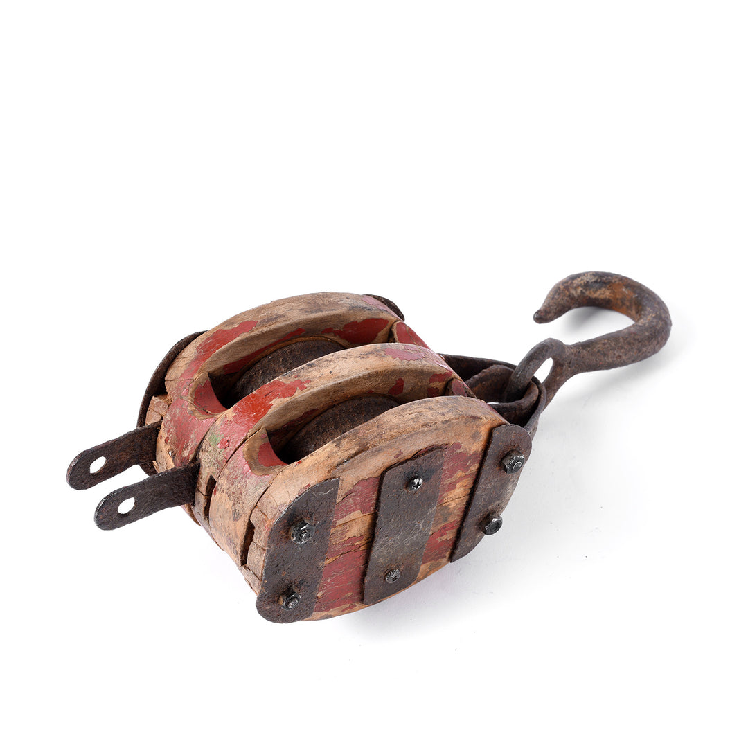 Antique Teak Ships Pulley on Iron stand- Circa 1910 | Indigo Antiques