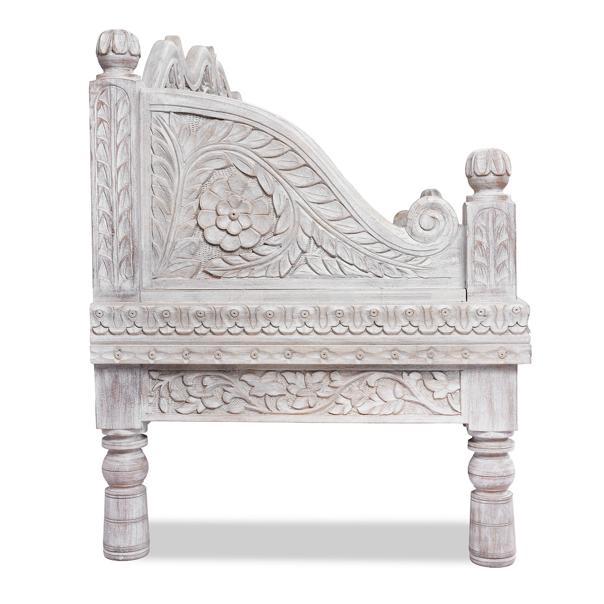 Side View Of Carved And Limed Mango Wood Daybed | Indigo Antiques