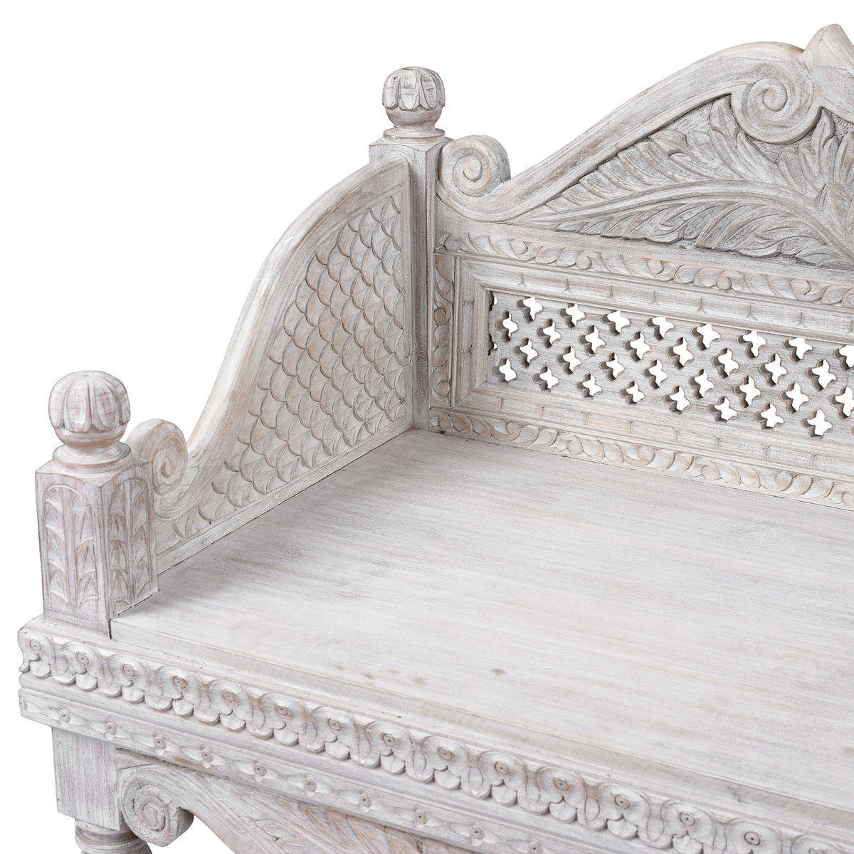 Carving And Seat Depth Detail From Carved And Limed Mango Wood Daybed | Indigo Antiques