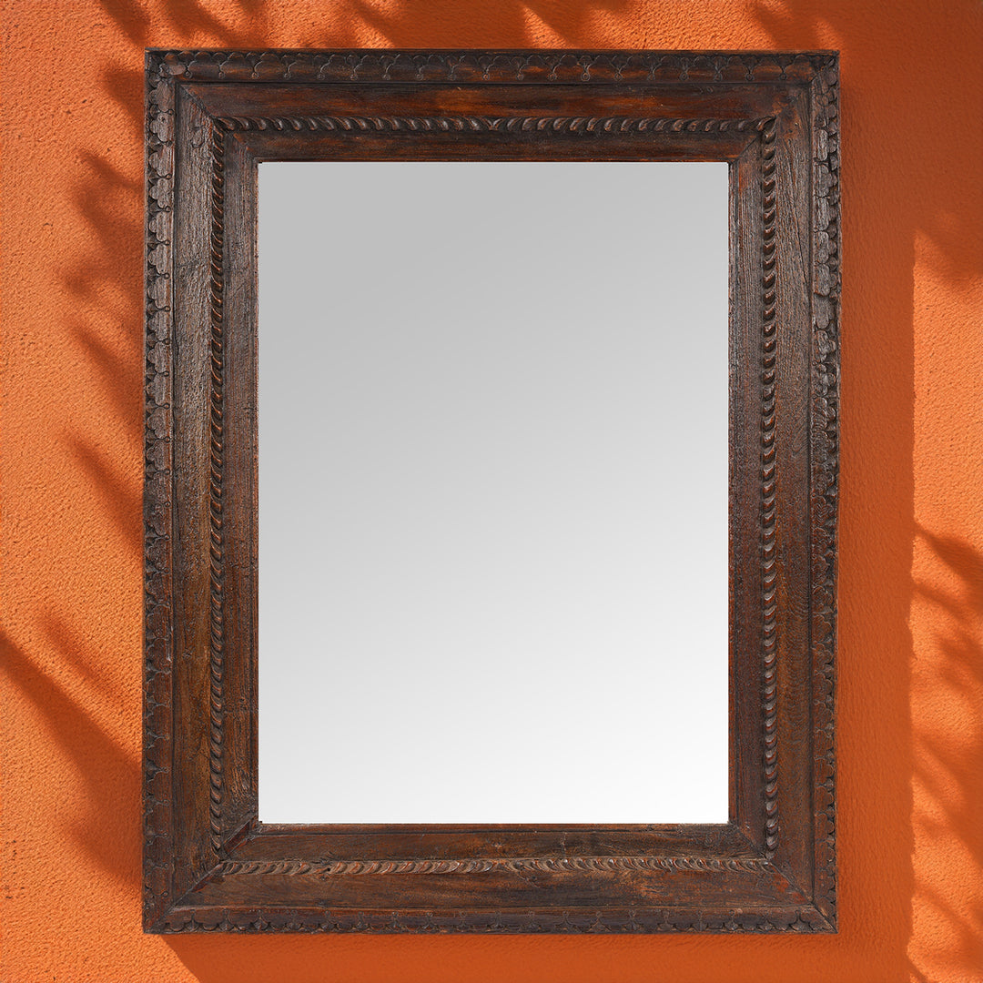 Antique Indian Carved Teak Window Mirror - 19th Century (94 x 120 cm) | Indigo Antiques