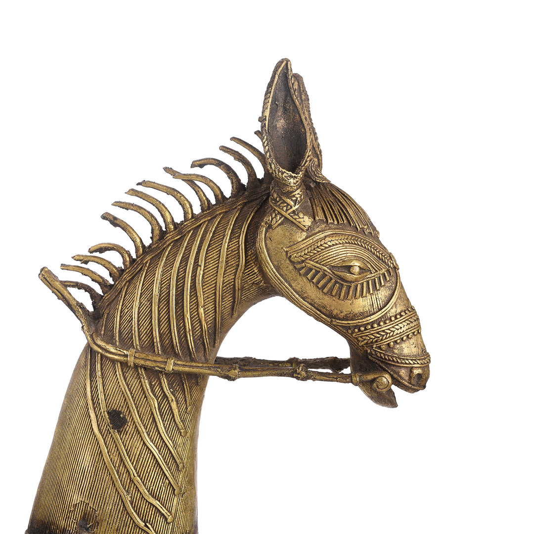 Face Detail From Vintage Dhokra Tribal Brass Tribal Horse - Ca 1960 | Indigo Antiques