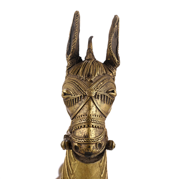 Face Detail From Vintage Dhokra Tribal Brass Tribal Horse - Ca 1960 | Indigo Antiques