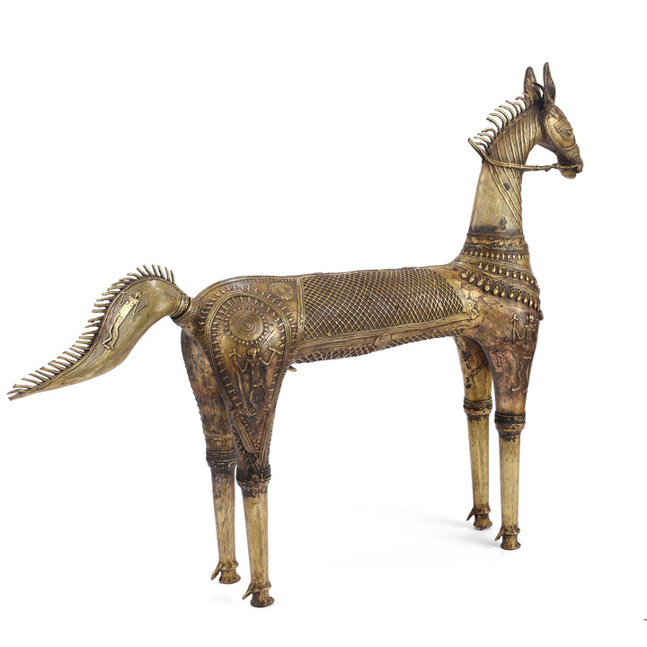 Angled View Of Vintage Dhokra Tribal Brass Tribal Horse - Ca 1960 | Indigo Antiques