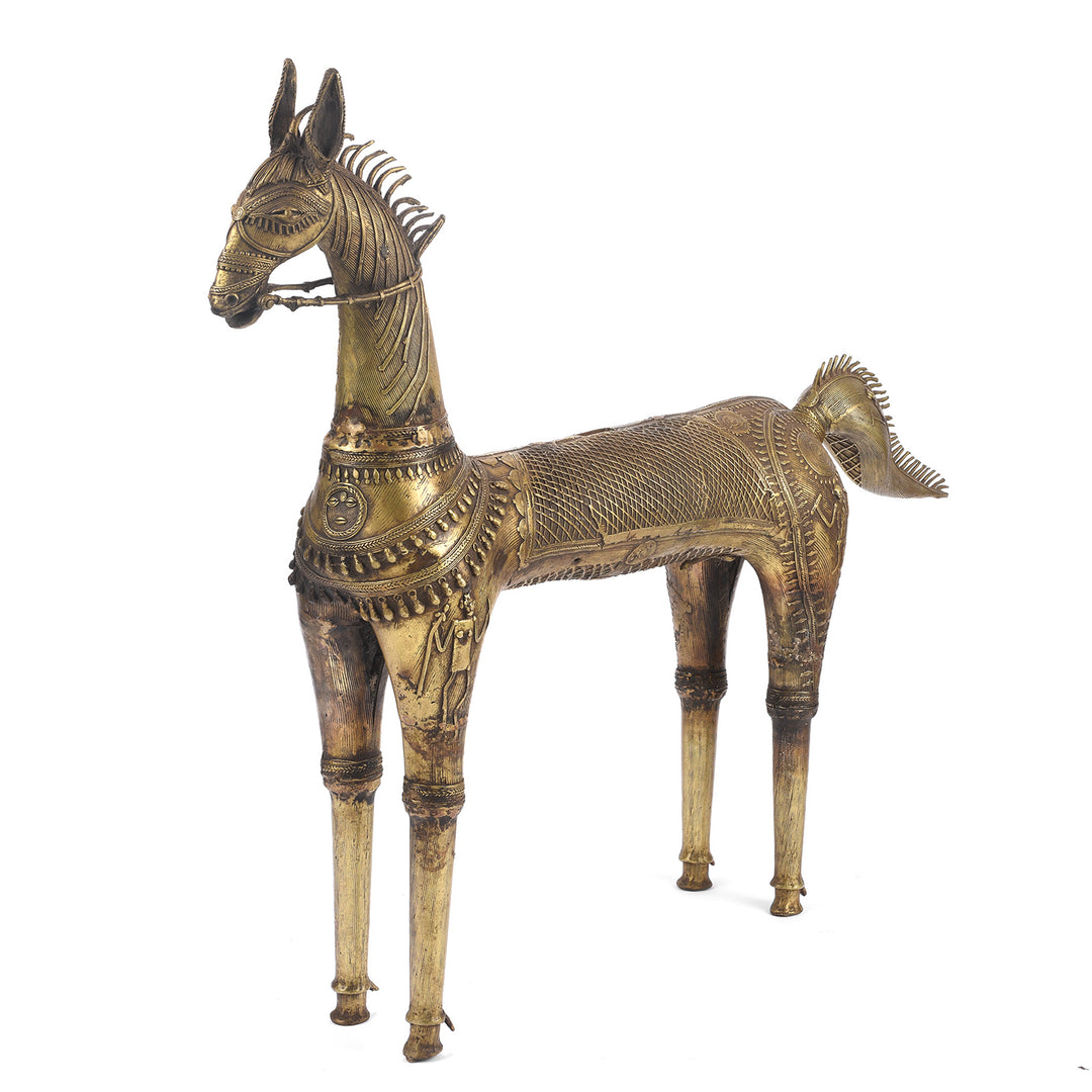 Angled View Of Vintage Dhokra Tribal Brass Tribal Horse - Ca 1960 | Indigo Antiques