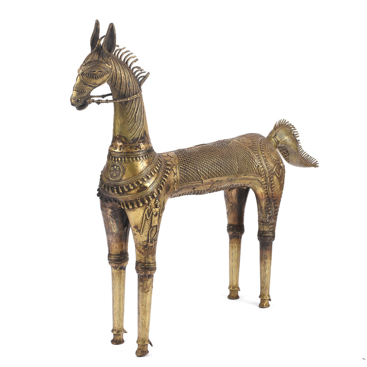 Angled View Of Vintage Dhokra Tribal Brass Tribal Horse - Ca 1960 | Indigo Antiques