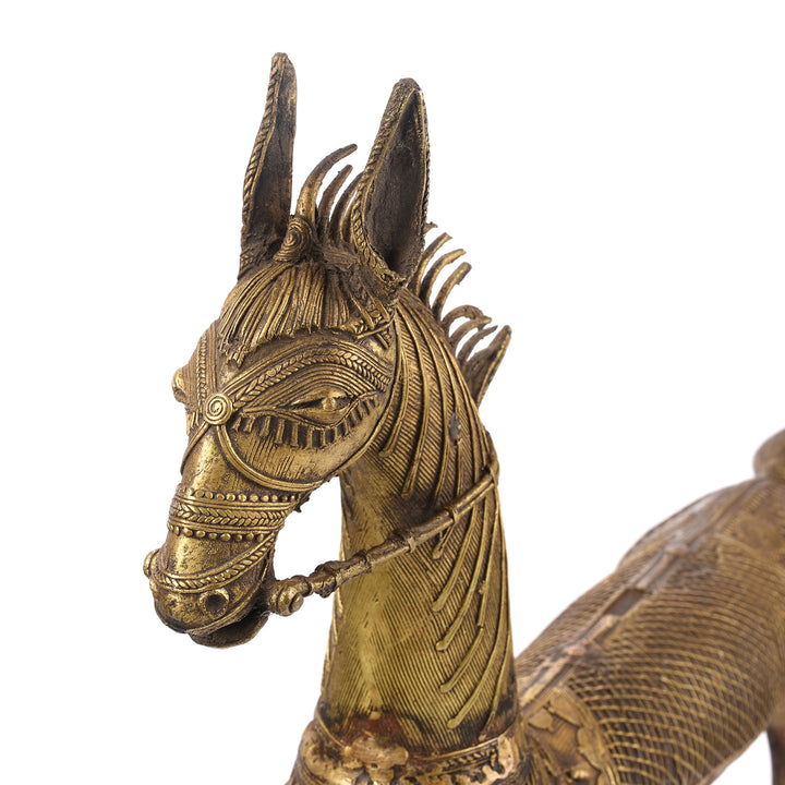 Face Detail From Vintage Dhokra Tribal Brass Tribal Horse - Ca 1960 | Indigo Antiques