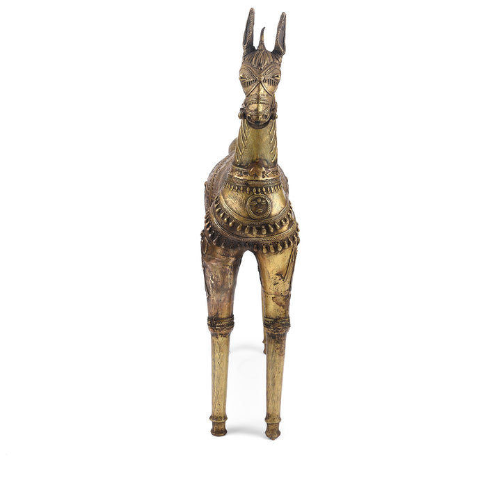 Frontal View Of Vintage Dhokra Tribal Brass Tribal Horse - Ca 1960 | Indigo Antiques