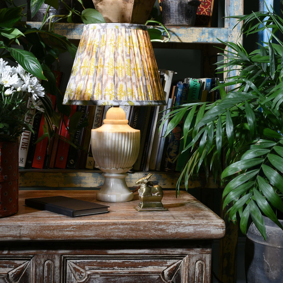 Indian Regency Style Bone Inlaid Table Lamp and Indian antique bronze Nandi bull in an Oriental Interior