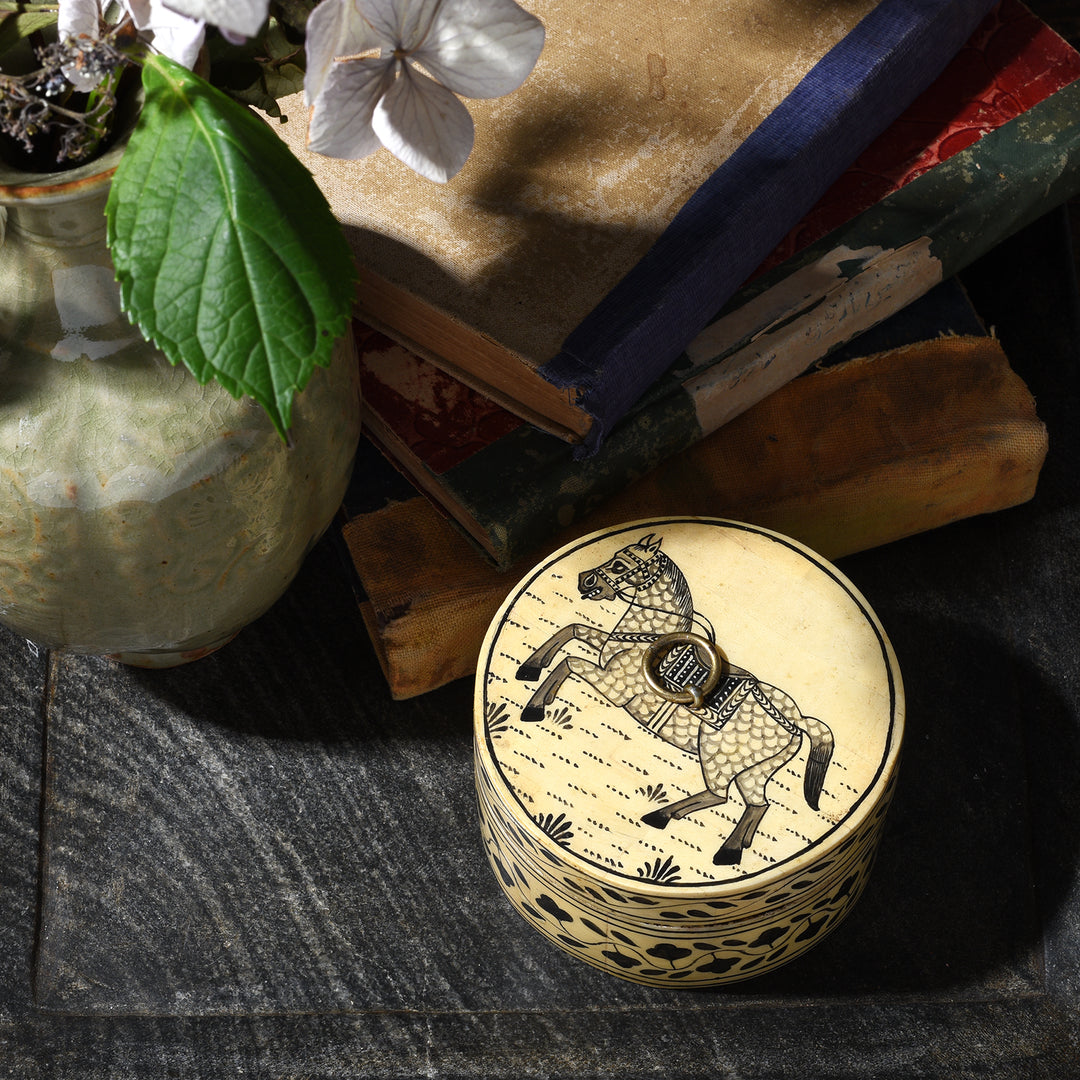 Round Bone Inlay Indian Horse Trinket Box | Indigo Antiques