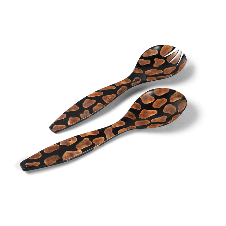 Leopard Spot Design Handmade Buffalo Horn Salad Servers | Indigo Antiques