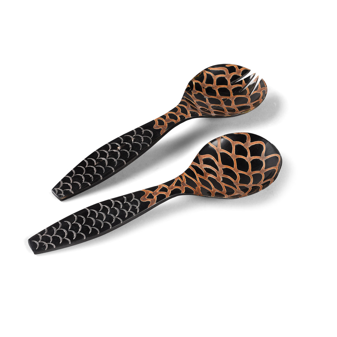 Fish Scale Design Handmade Buffalo Horn Salad Servers | Indigo Antiques
