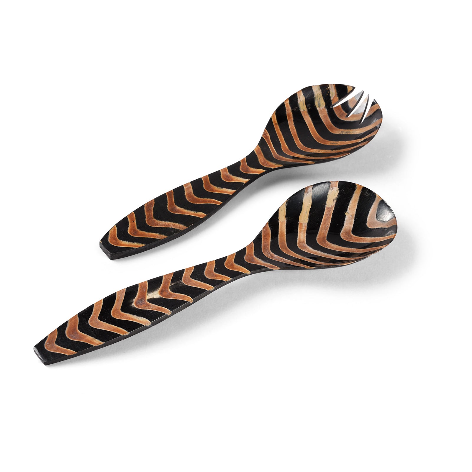 Tiger Stripes Design Handmade Buffalo Horn Salad Servers | Indigo Antiques