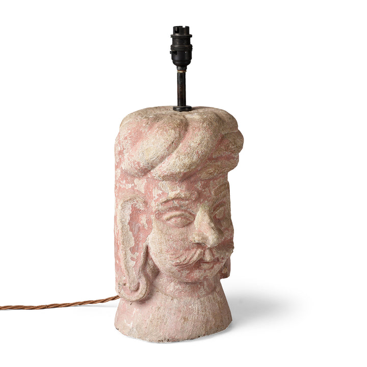 Angled VIew Of Table Lamp - From A Carved Stone Head | Indigo Antiques