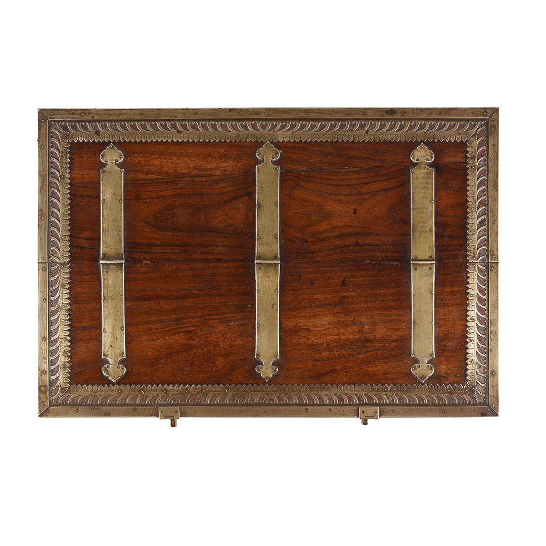 Top Down View Of Mughal Period Brass Bound Rosewood Jewellery Box From Kerala With Secret Drawers Circa 18th Century