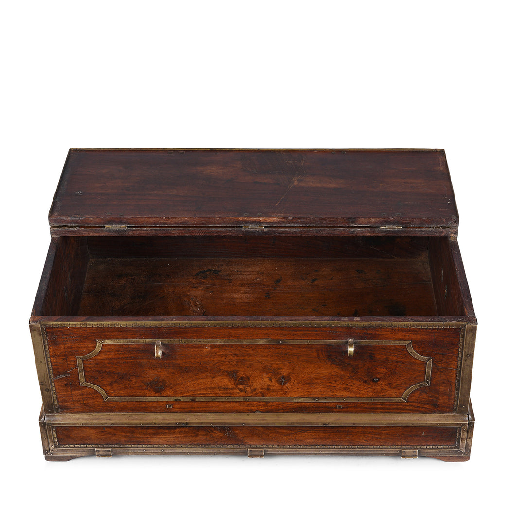 Lid Open View Of Mughal Period Brass Bound Rosewood Jewellery Box From Kerala With Secret Drawers Circa 18th Century