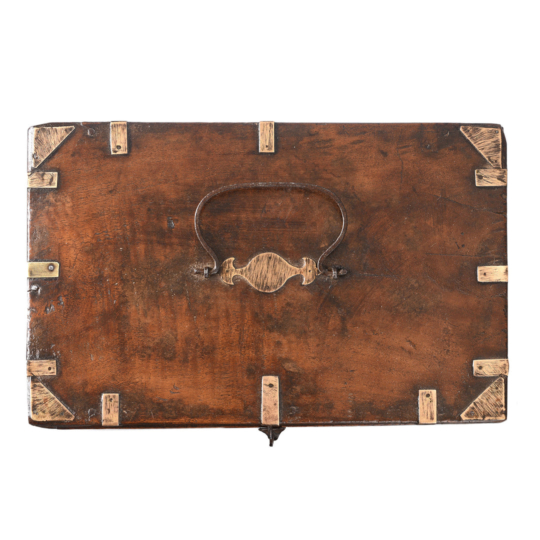 Top Down View Of Antique Indian Brass Bound Jewellery Box From Rajasthan - 19th Century | Indigo Antiques