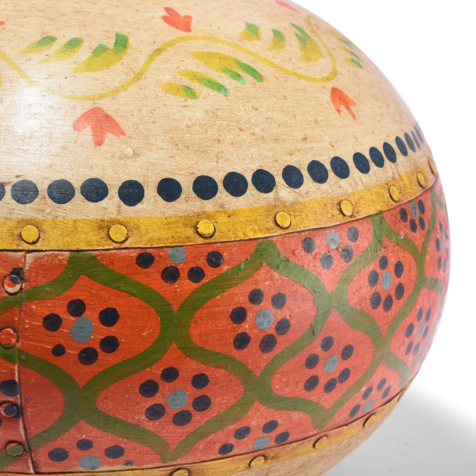Paintwork Detail From Painted Iron Matka made into Lamp - from Punjab - Orange/Green | Indigo Antiques